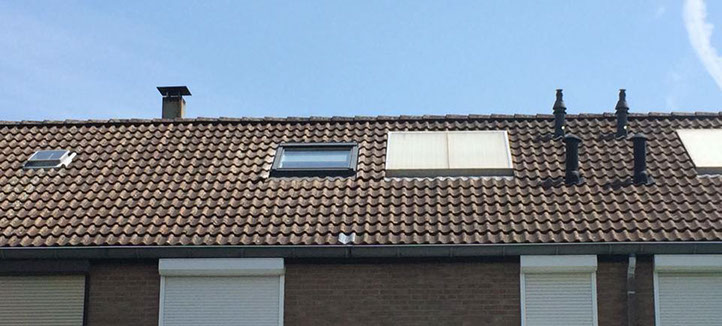 Pannendak met dakramen en schoorstenen